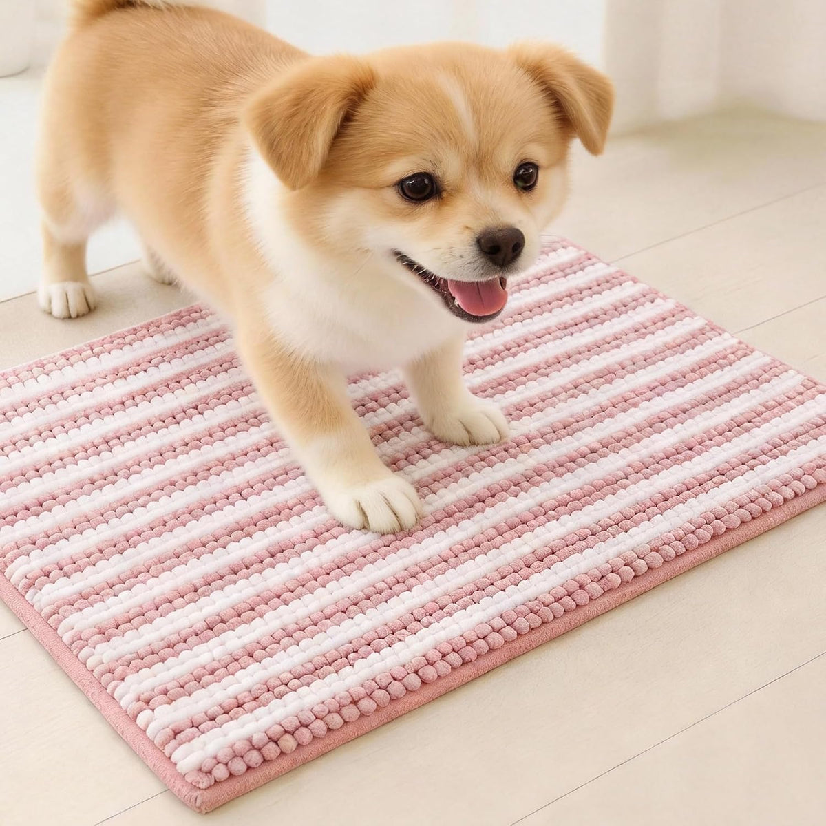 pobopobo Dog Door Mat for Muddy Paws - Absorbent & Washable Chenille Rug, Non-Slip Dirt Trapper for Indoor Outdoor Entryway, Quick Dry Pet Mat for Muddy Dogs (Striped Pink&White, 24" x 16")