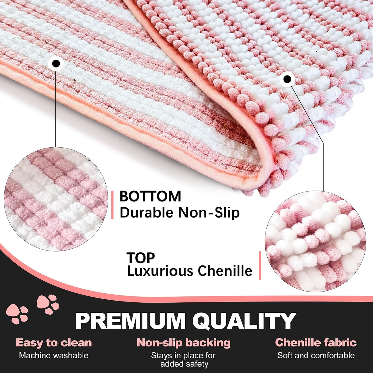 pobopobo Dog Door Mat for Muddy Paws - Absorbent & Washable Chenille Rug, Non-Slip Dirt Trapper for Indoor Outdoor Entryway, Quick Dry Pet Mat for Muddy Dogs (Striped Pink&White, 24" x 16")