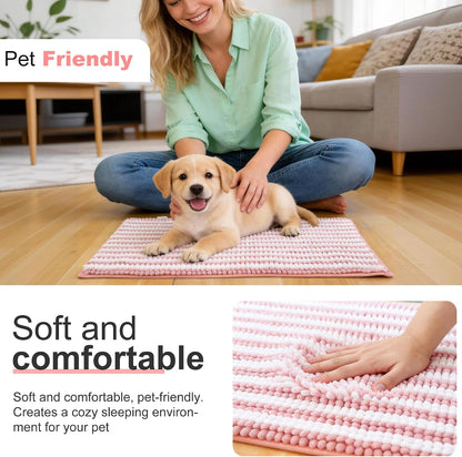 pobopobo Dog Door Mat for Muddy Paws - Absorbent & Washable Chenille Rug, Non-Slip Dirt Trapper for Indoor Outdoor Entryway, Quick Dry Pet Mat for Muddy Dogs (Striped Pink&White, 24" x 16")
