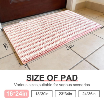 pobopobo Dog Door Mat for Muddy Paws - Absorbent & Washable Chenille Rug, Non-Slip Dirt Trapper for Indoor Outdoor Entryway, Quick Dry Pet Mat for Muddy Dogs (Striped Pink&White, 24" x 16")