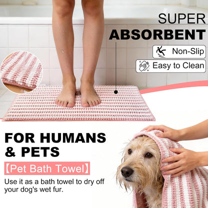 pobopobo Dog Door Mat for Muddy Paws - Absorbent & Washable Chenille Rug, Non-Slip Dirt Trapper for Indoor Outdoor Entryway, Quick Dry Pet Mat for Muddy Dogs (Striped Pink&White, 24" x 16")