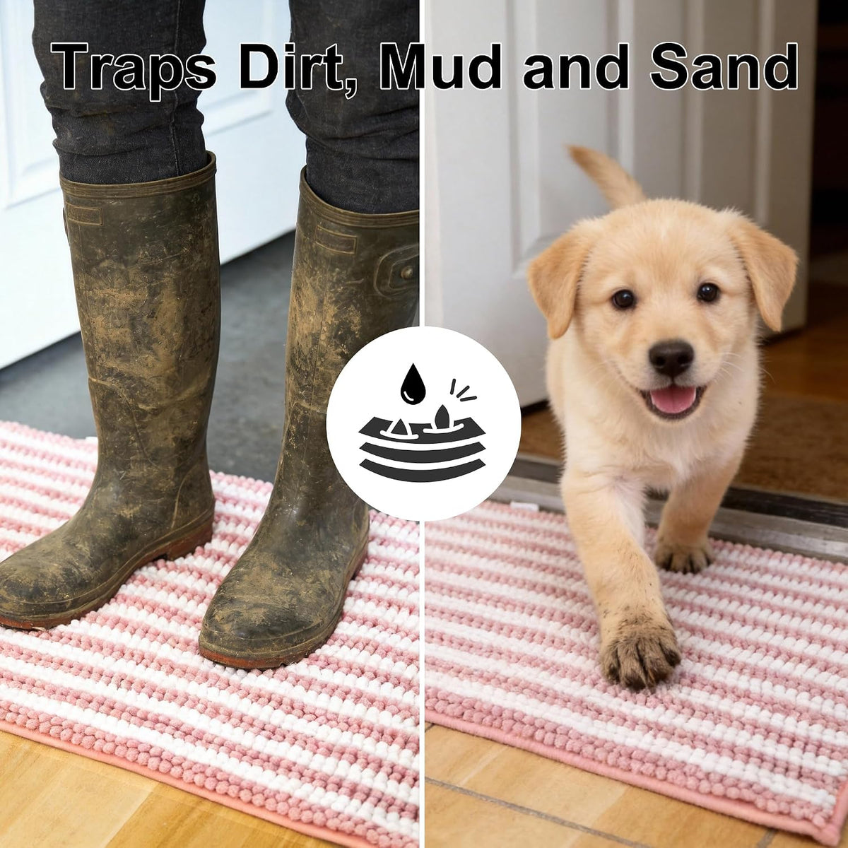 pobopobo Dog Door Mat for Muddy Paws - Absorbent & Washable Chenille Rug, Non-Slip Dirt Trapper for Indoor Outdoor Entryway, Quick Dry Pet Mat for Muddy Dogs (Striped Pink&White, 24" x 16")