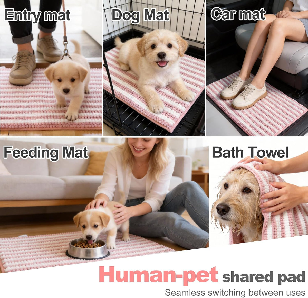 pobopobo Dog Door Mat for Muddy Paws - Absorbent & Washable Chenille Rug, Non-Slip Dirt Trapper for Indoor Outdoor Entryway, Quick Dry Pet Mat for Muddy Dogs (Striped Pink&White, 24" x 16")