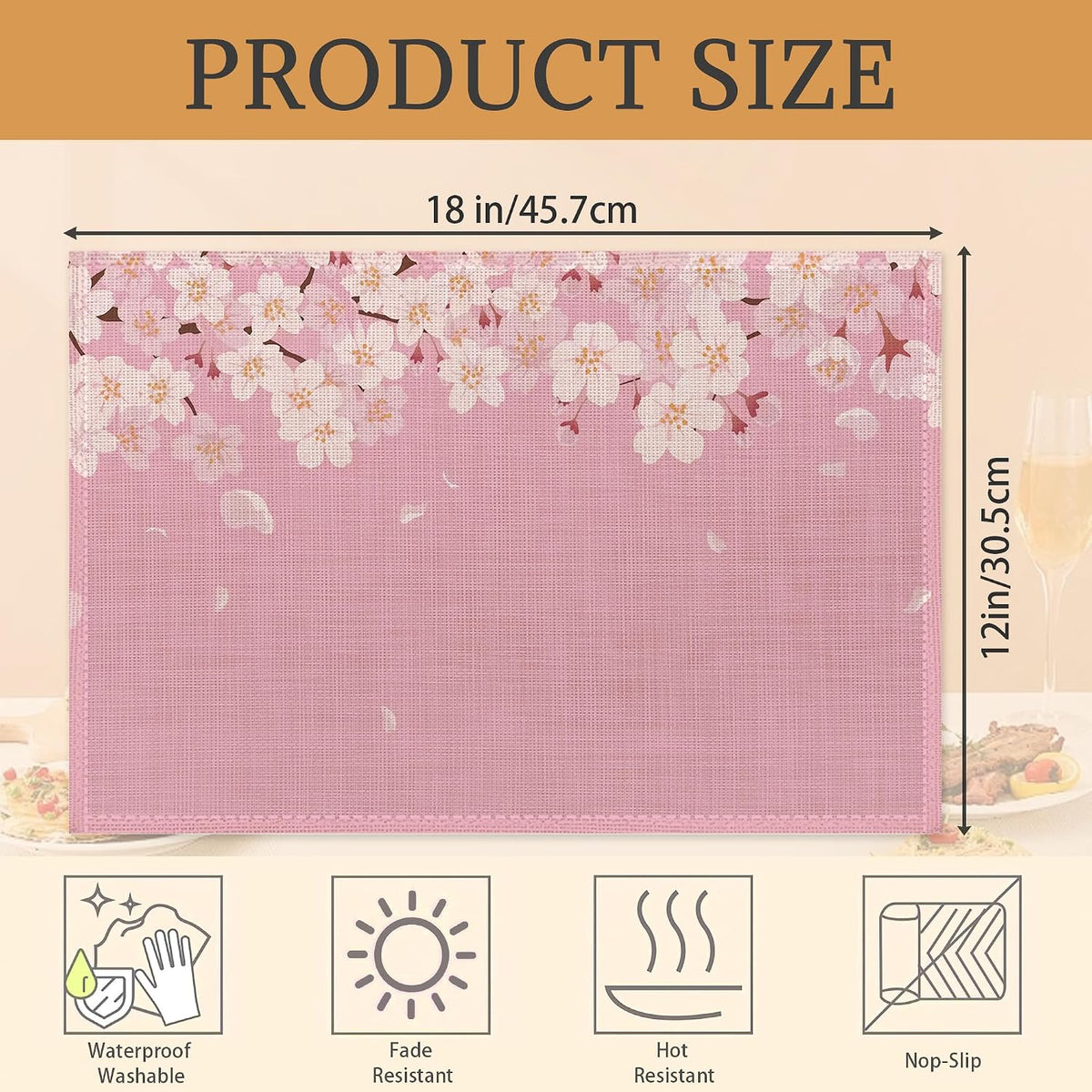 Japanese Cherry Blossom Placemats Set of 6 Washable Table Mats for Kitchen Dining Table,Heat-Resistant Pink Flowers Place Mats for Indoor Outdoor Party Holiday Decoration