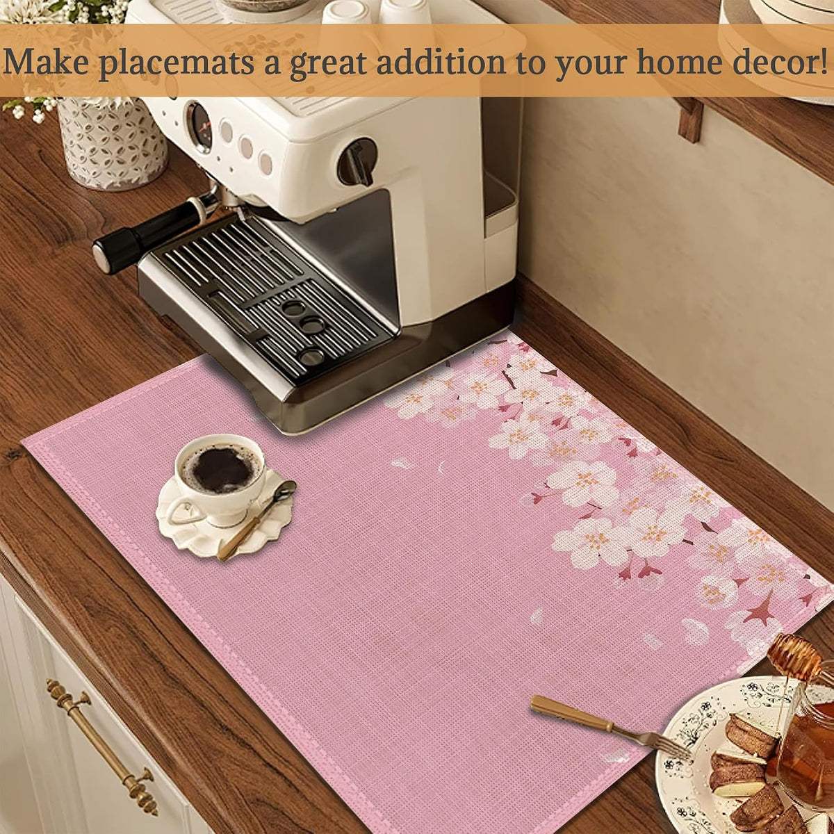 Japanese Cherry Blossom Placemats Set of 6 Washable Table Mats for Kitchen Dining Table,Heat-Resistant Pink Flowers Place Mats for Indoor Outdoor Party Holiday Decoration