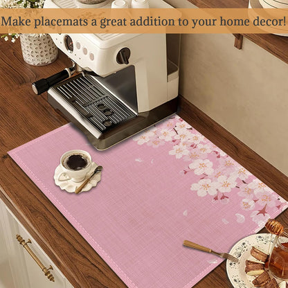 Japanese Cherry Blossom Placemats Set of 6 Washable Table Mats for Kitchen Dining Table,Heat-Resistant Pink Flowers Place Mats for Indoor Outdoor Party Holiday Decoration