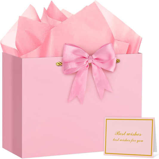 Pink Gift Bag Large Birthday Gift Bags with Handles, 1 Ribbon, 4 Tissue Paper, 2 Greeting Cards for Women Girls Anniversary Wedding Baby Shower Valentines Galentines Mothers Day Presents
