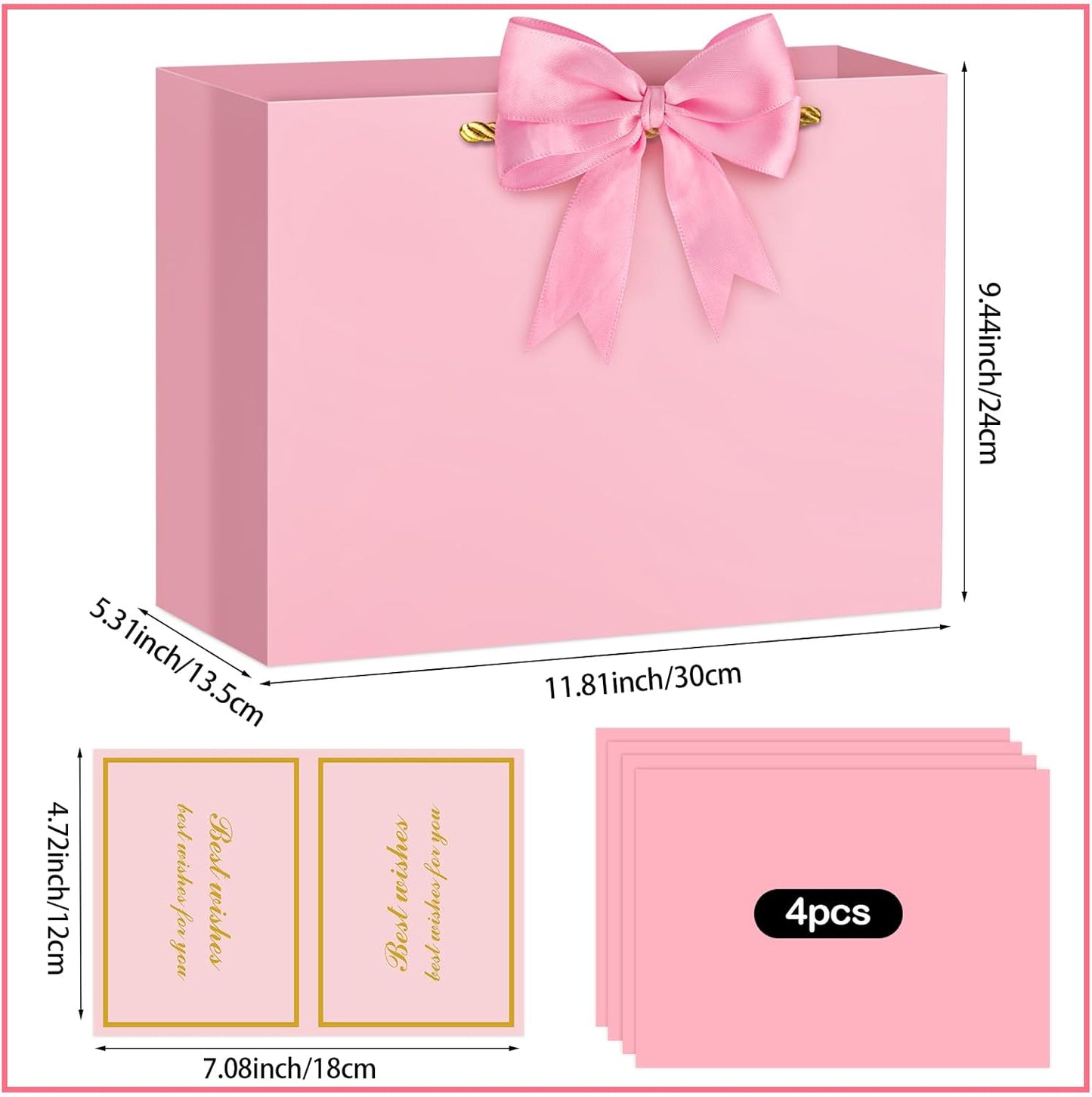 Pink Gift Bag Large Birthday Gift Bags with Handles, 1 Ribbon, 4 Tissue Paper, 2 Greeting Cards for Women Girls Anniversary Wedding Baby Shower Valentines Galentines Mothers Day Presents