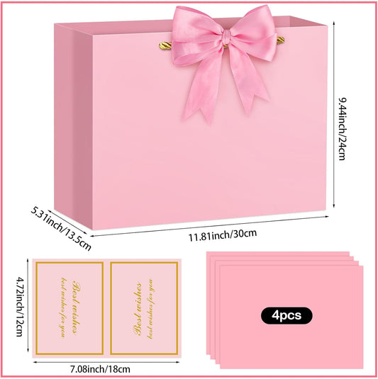Pink Gift Bag Large Birthday Gift Bags with Handles, 1 Ribbon, 4 Tissue Paper, 2 Greeting Cards for Women Girls Anniversary Wedding Baby Shower Valentines Galentines Mothers Day Presents
