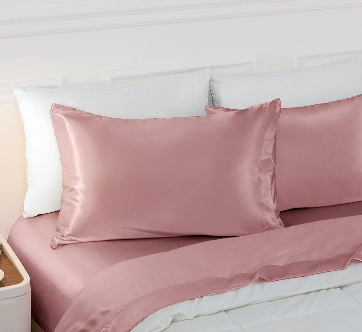 Vonty Pink Champagne Satin Pillowcases Standard 20x26, Envelope Closure