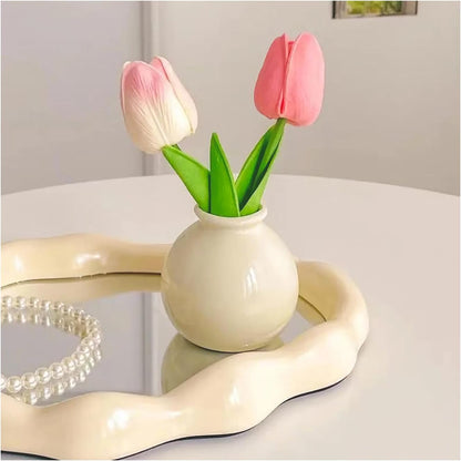 Artificial Tulip Flowers,Table White Ceramic Vase Pink Green Leaf Dried Flower Set,Desktop Mini Plastic Tulip Bouquet Decorative Ornaments,1 Pieces.