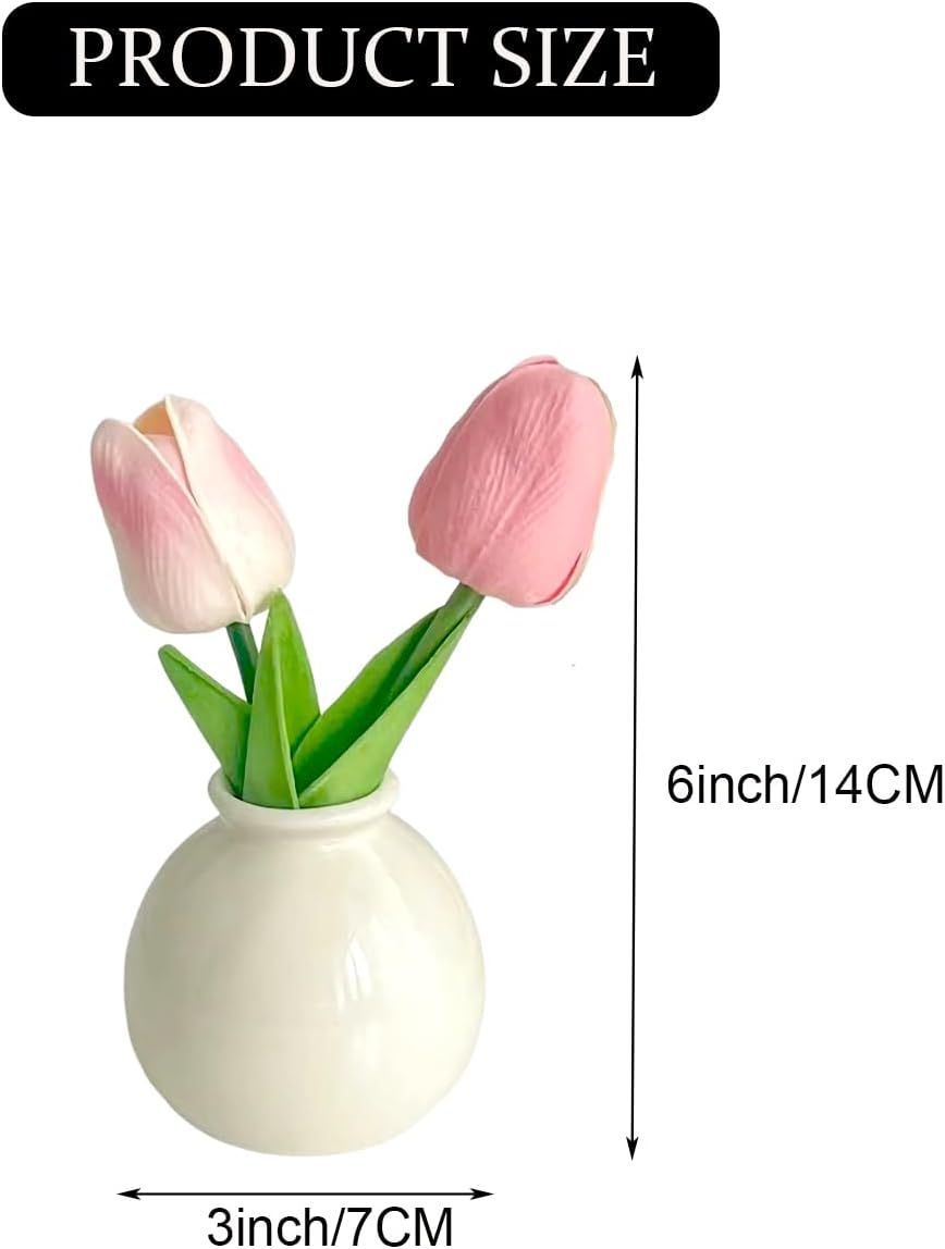 Artificial Tulip Flowers,Table White Ceramic Vase Pink Green Leaf Dried Flower Set,Desktop Mini Plastic Tulip Bouquet Decorative Ornaments,1 Pieces.