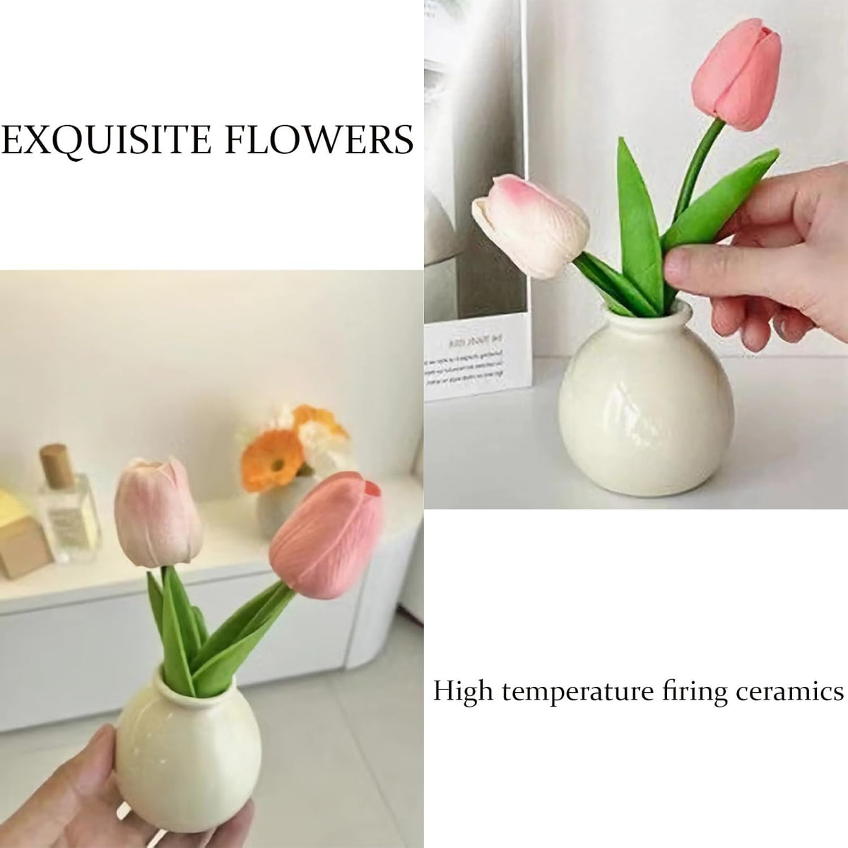 Artificial Tulip Flowers,Table White Ceramic Vase Pink Green Leaf Dried Flower Set,Desktop Mini Plastic Tulip Bouquet Decorative Ornaments,1 Pieces.