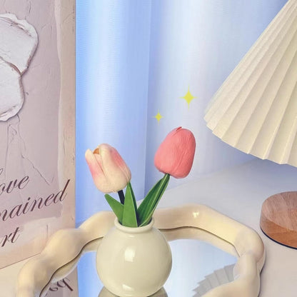 Artificial Tulip Flowers,Table White Ceramic Vase Pink Green Leaf Dried Flower Set,Desktop Mini Plastic Tulip Bouquet Decorative Ornaments,1 Pieces.