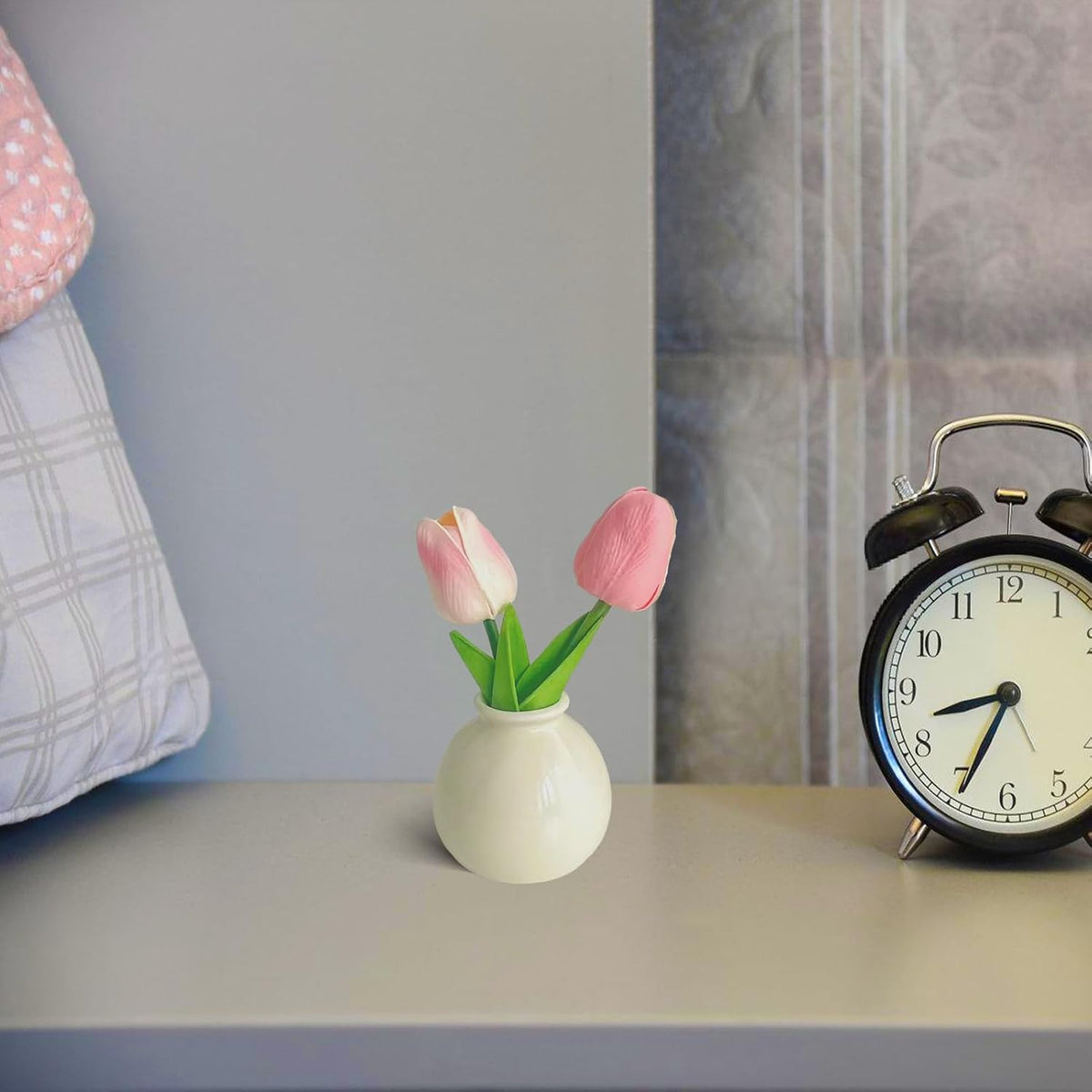 Artificial Tulip Flowers,Table White Ceramic Vase Pink Green Leaf Dried Flower Set,Desktop Mini Plastic Tulip Bouquet Decorative Ornaments,1 Pieces.