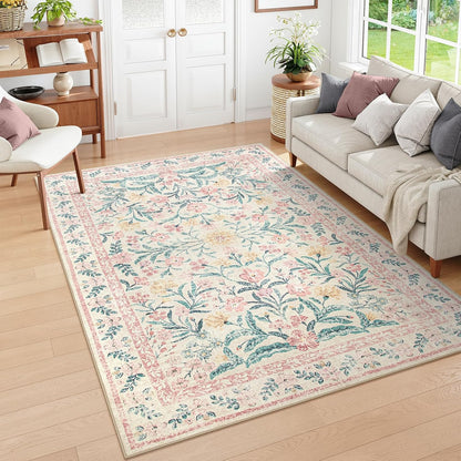 Washable Area Rug 6x9, Pink Floral Rugs for Bedroom Girls Soft Living Room Carpet Ultra-Thin, Boho Non Slip Non-Shedding Pastel Nursery Carpet for Kids Room Playroom Dorm