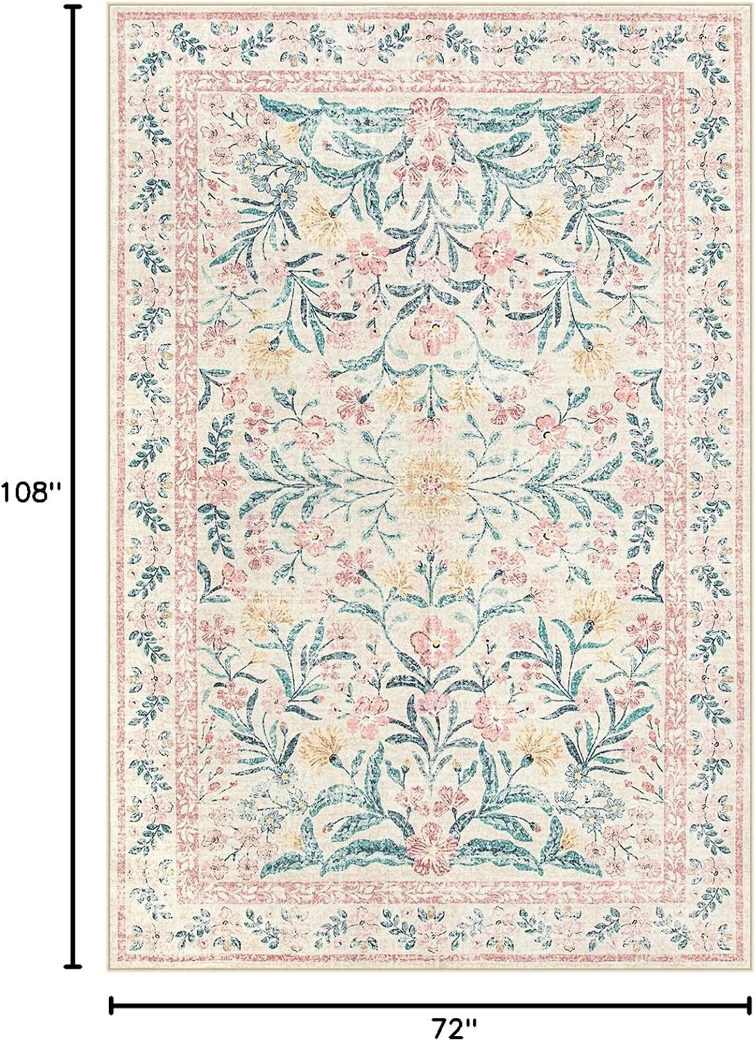 Washable Area Rug 6x9, Pink Floral Rugs for Bedroom Girls Soft Living Room Carpet Ultra-Thin, Boho Non Slip Non-Shedding Pastel Nursery Carpet for Kids Room Playroom Dorm