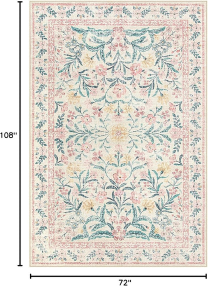 Washable Area Rug 6x9, Pink Floral Rugs for Bedroom Girls Soft Living Room Carpet Ultra-Thin, Boho Non Slip Non-Shedding Pastel Nursery Carpet for Kids Room Playroom Dorm
