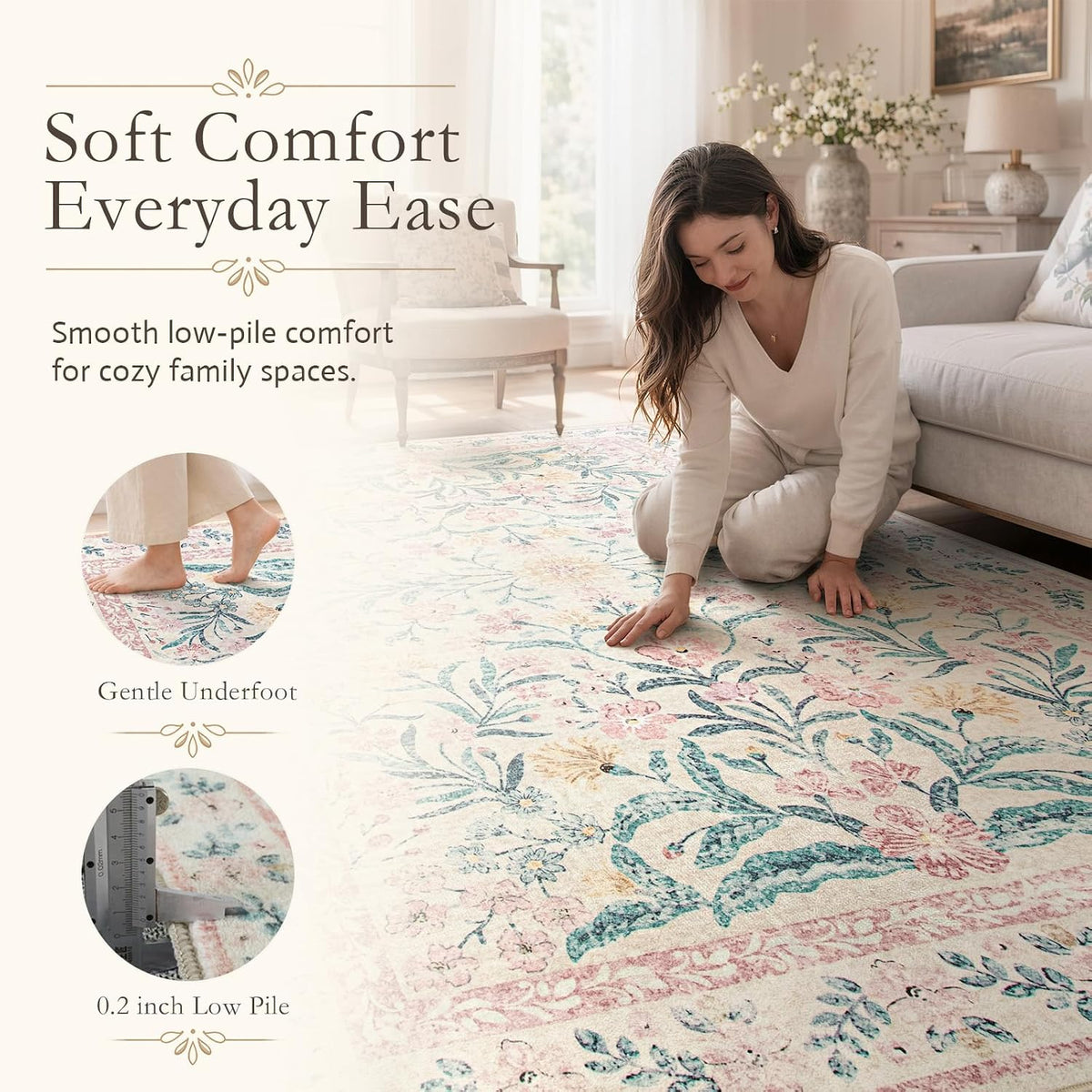 Washable Area Rug 6x9, Pink Floral Rugs for Bedroom Girls Soft Living Room Carpet Ultra-Thin, Boho Non Slip Non-Shedding Pastel Nursery Carpet for Kids Room Playroom Dorm