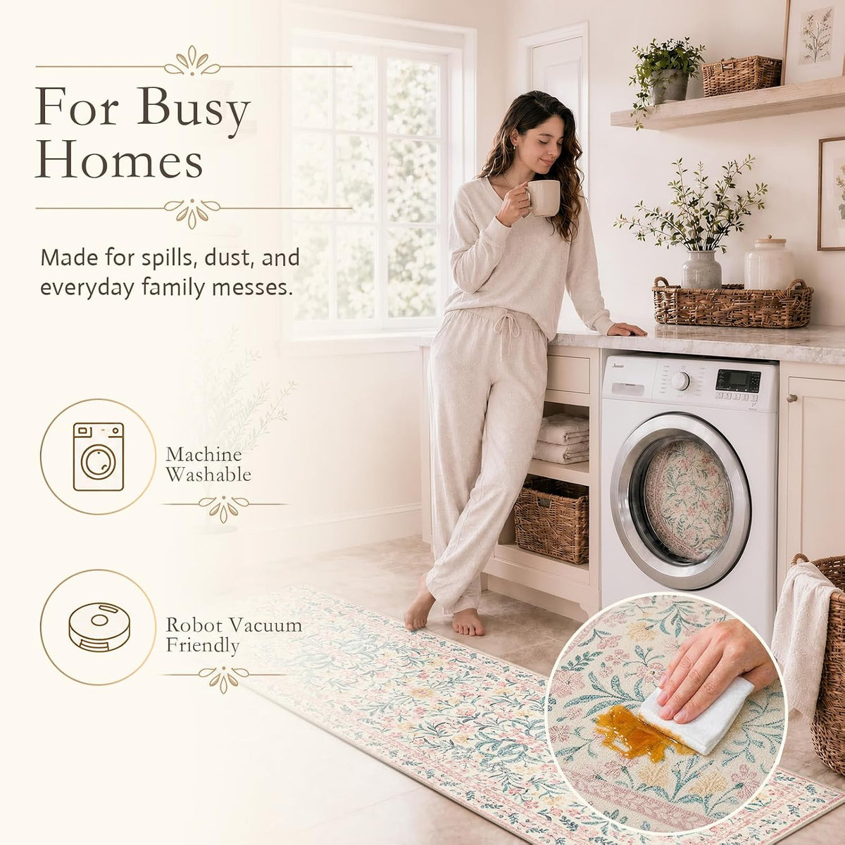 Washable Area Rug 6x9, Pink Floral Rugs for Bedroom Girls Soft Living Room Carpet Ultra-Thin, Boho Non Slip Non-Shedding Pastel Nursery Carpet for Kids Room Playroom Dorm