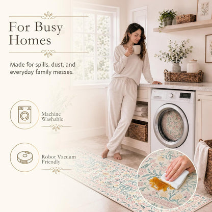 Washable Area Rug 6x9, Pink Floral Rugs for Bedroom Girls Soft Living Room Carpet Ultra-Thin, Boho Non Slip Non-Shedding Pastel Nursery Carpet for Kids Room Playroom Dorm
