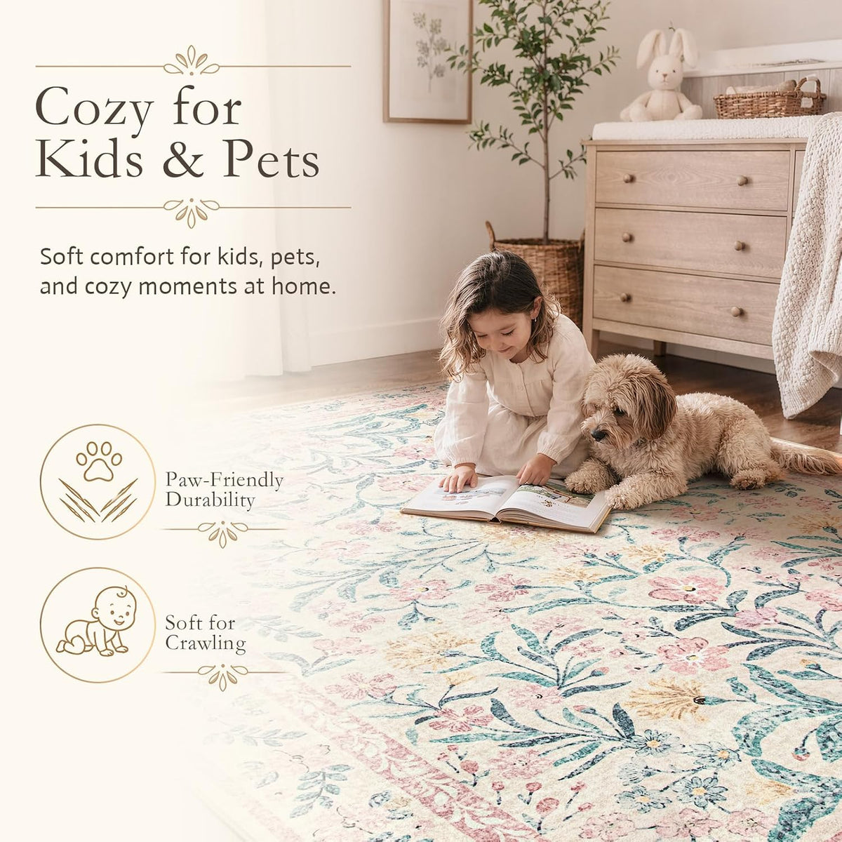 Washable Area Rug 6x9, Pink Floral Rugs for Bedroom Girls Soft Living Room Carpet Ultra-Thin, Boho Non Slip Non-Shedding Pastel Nursery Carpet for Kids Room Playroom Dorm