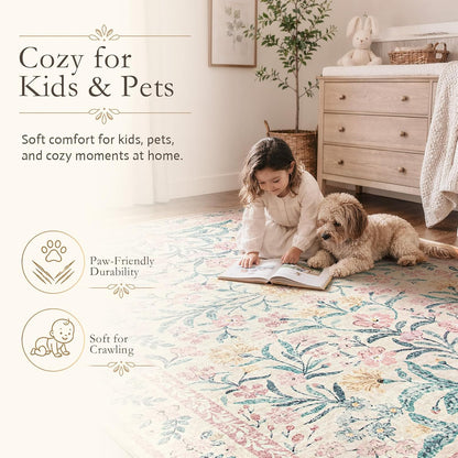 Washable Area Rug 6x9, Pink Floral Rugs for Bedroom Girls Soft Living Room Carpet Ultra-Thin, Boho Non Slip Non-Shedding Pastel Nursery Carpet for Kids Room Playroom Dorm