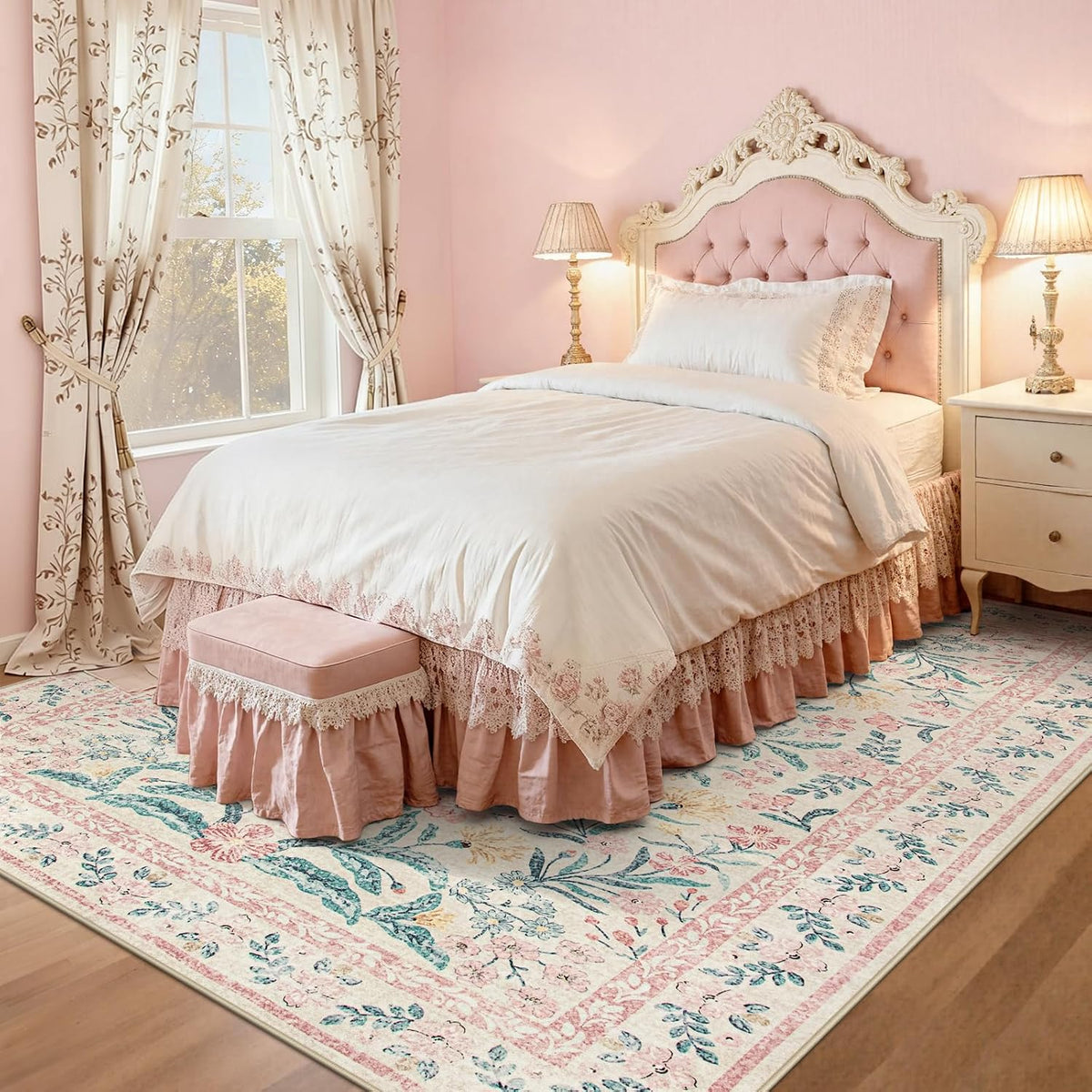Washable Area Rug 6x9, Pink Floral Rugs for Bedroom Girls Soft Living Room Carpet Ultra-Thin, Boho Non Slip Non-Shedding Pastel Nursery Carpet for Kids Room Playroom Dorm