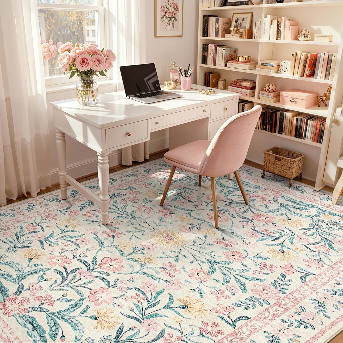 Washable Area Rug 6x9, Pink Floral Rugs for Bedroom Girls Soft Living Room Carpet Ultra-Thin, Boho Non Slip Non-Shedding Pastel Nursery Carpet for Kids Room Playroom Dorm