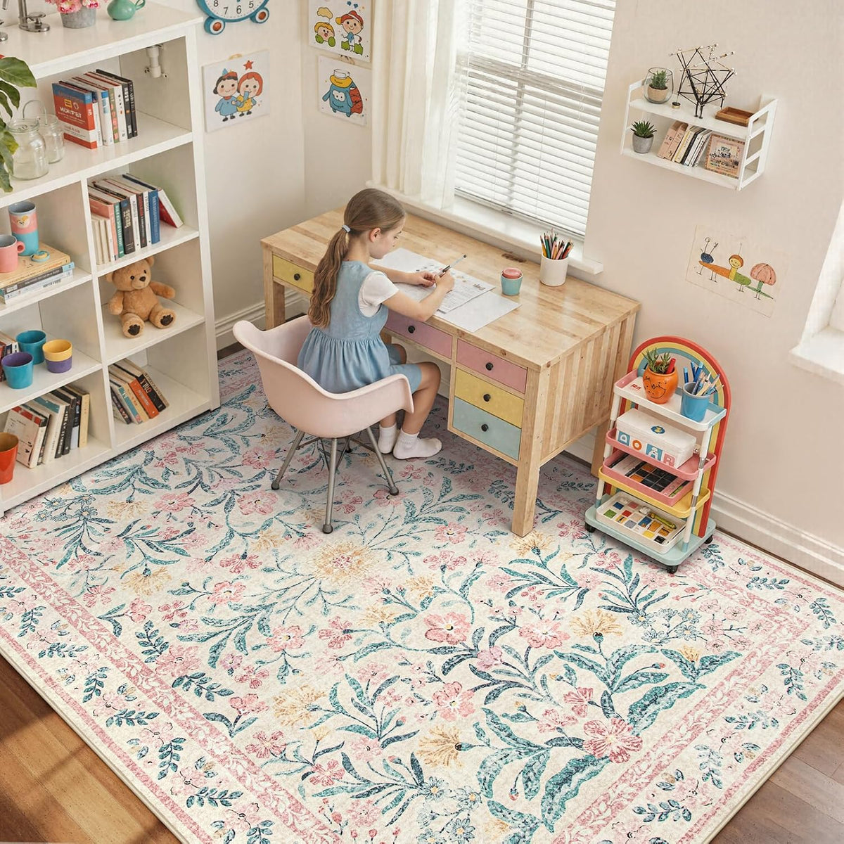 Washable Area Rug 6x9, Pink Floral Rugs for Bedroom Girls Soft Living Room Carpet Ultra-Thin, Boho Non Slip Non-Shedding Pastel Nursery Carpet for Kids Room Playroom Dorm