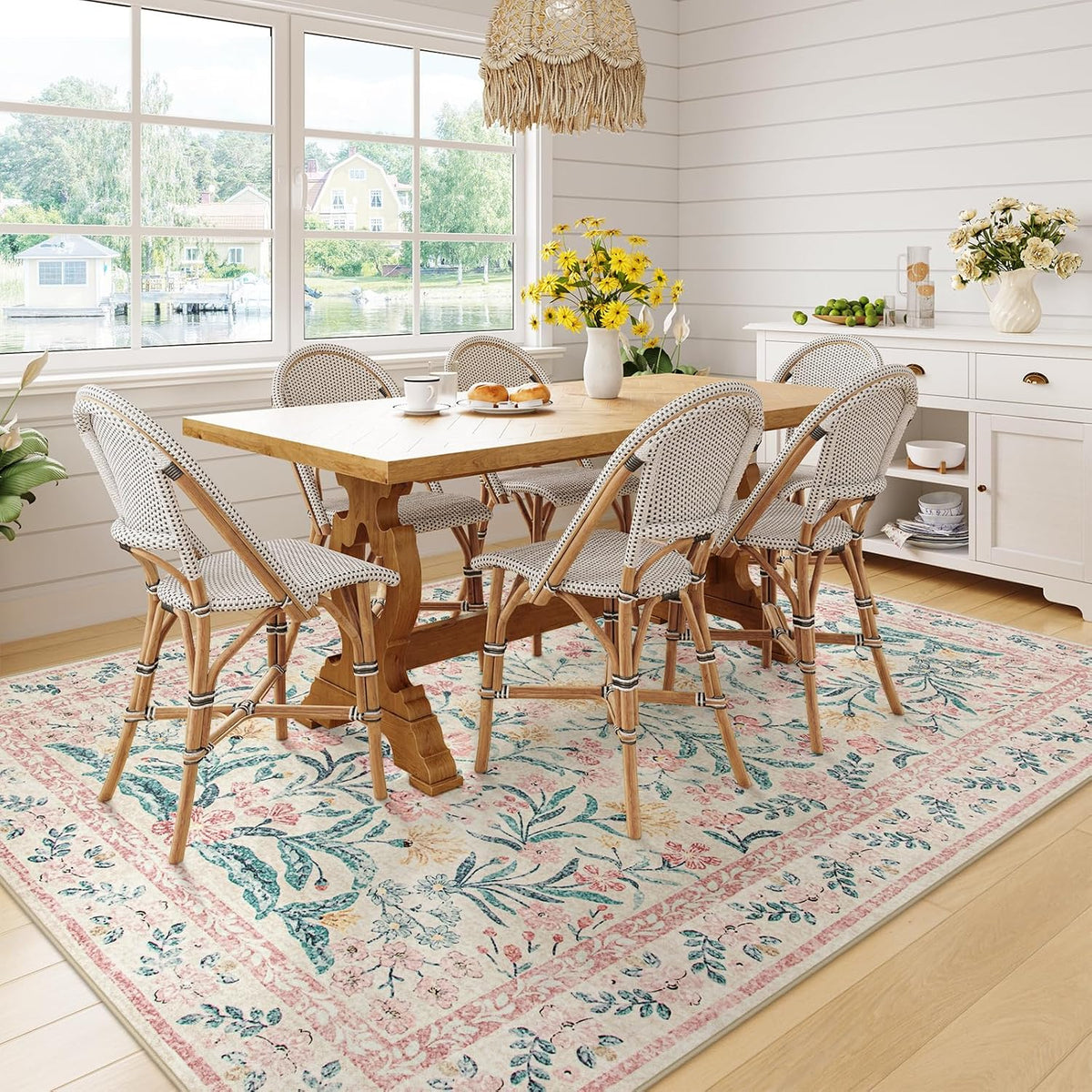 Washable Area Rug 6x9, Pink Floral Rugs for Bedroom Girls Soft Living Room Carpet Ultra-Thin, Boho Non Slip Non-Shedding Pastel Nursery Carpet for Kids Room Playroom Dorm