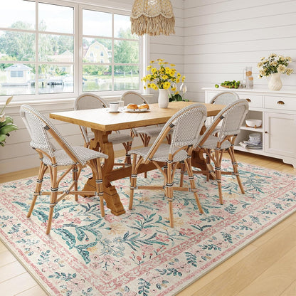 Washable Area Rug 6x9, Pink Floral Rugs for Bedroom Girls Soft Living Room Carpet Ultra-Thin, Boho Non Slip Non-Shedding Pastel Nursery Carpet for Kids Room Playroom Dorm