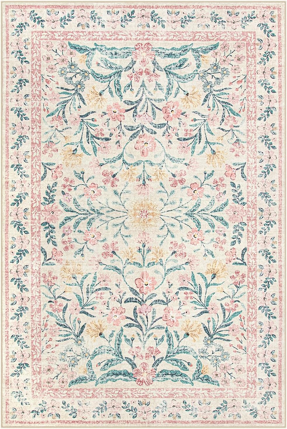 Washable Area Rug 6x9, Pink Floral Rugs for Bedroom Girls Soft Living Room Carpet Ultra-Thin, Boho Non Slip Non-Shedding Pastel Nursery Carpet for Kids Room Playroom Dorm