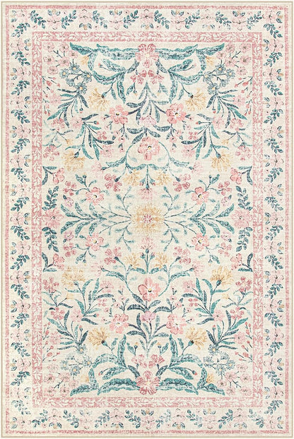 Washable Area Rug 6x9, Pink Floral Rugs for Bedroom Girls Soft Living Room Carpet Ultra-Thin, Boho Non Slip Non-Shedding Pastel Nursery Carpet for Kids Room Playroom Dorm