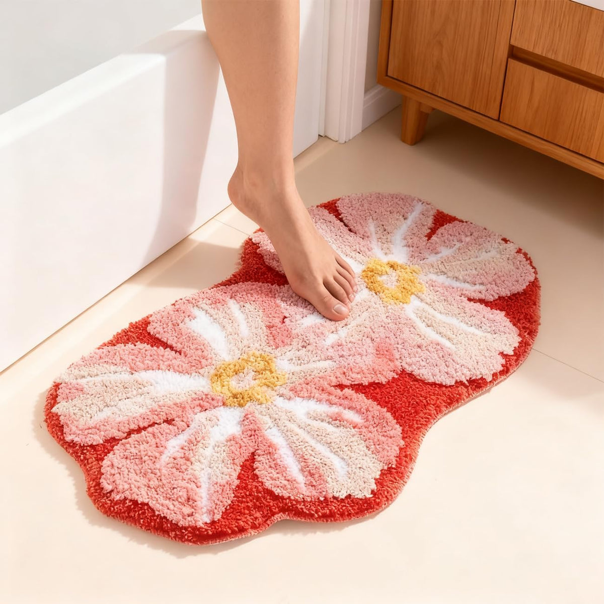 Pink Flower Bathroom Rugs Cute Bath Mat Lovely Floral Shower Bathtub Mat Non-Slip TPR Backing Welcome Doormat Soft Plush Shaggy Indoor Bedroom Living Room Kitchen Carpet