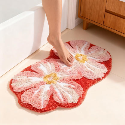 Pink Flower Bathroom Rugs Cute Bath Mat Lovely Floral Shower Bathtub Mat Non-Slip TPR Backing Welcome Doormat Soft Plush Shaggy Indoor Bedroom Living Room Kitchen Carpet