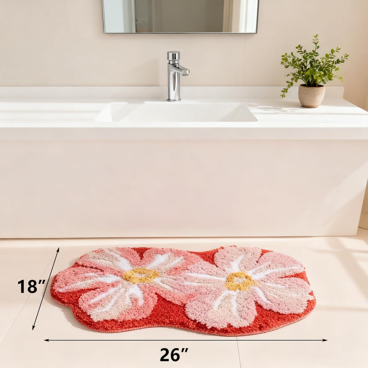 Pink Flower Bathroom Rugs Cute Bath Mat Lovely Floral Shower Bathtub Mat Non-Slip TPR Backing Welcome Doormat Soft Plush Shaggy Indoor Bedroom Living Room Kitchen Carpet