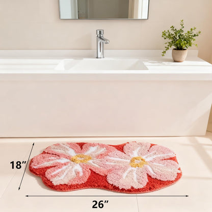 Pink Flower Bathroom Rugs Cute Bath Mat Lovely Floral Shower Bathtub Mat Non-Slip TPR Backing Welcome Doormat Soft Plush Shaggy Indoor Bedroom Living Room Kitchen Carpet
