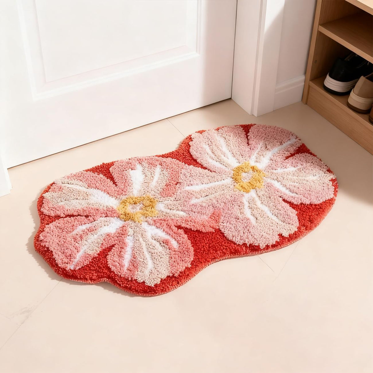 Pink Flower Bathroom Rugs Cute Bath Mat Lovely Floral Shower Bathtub Mat Non-Slip TPR Backing Welcome Doormat Soft Plush Shaggy Indoor Bedroom Living Room Kitchen Carpet