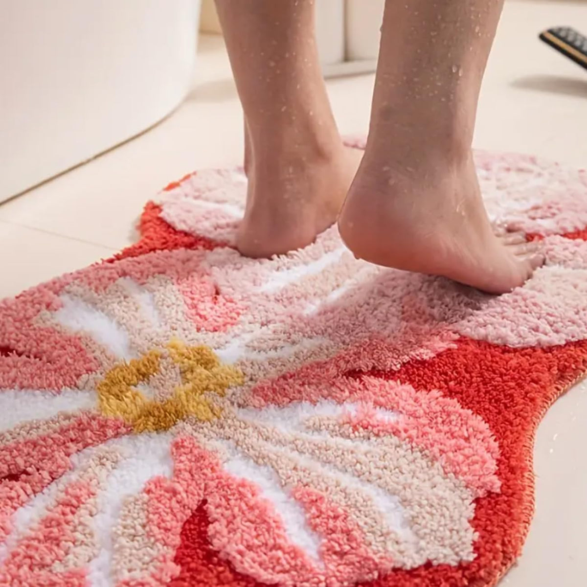 Pink Flower Bathroom Rugs Cute Bath Mat Lovely Floral Shower Bathtub Mat Non-Slip TPR Backing Welcome Doormat Soft Plush Shaggy Indoor Bedroom Living Room Kitchen Carpet