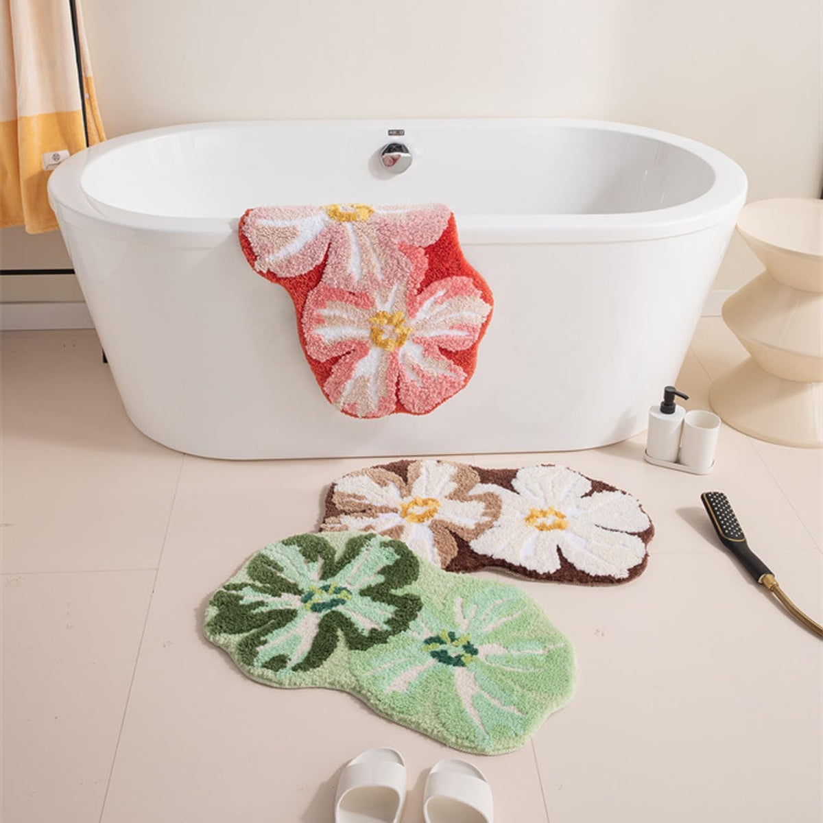 Pink Flower Bathroom Rugs Cute Bath Mat Lovely Floral Shower Bathtub Mat Non-Slip TPR Backing Welcome Doormat Soft Plush Shaggy Indoor Bedroom Living Room Kitchen Carpet