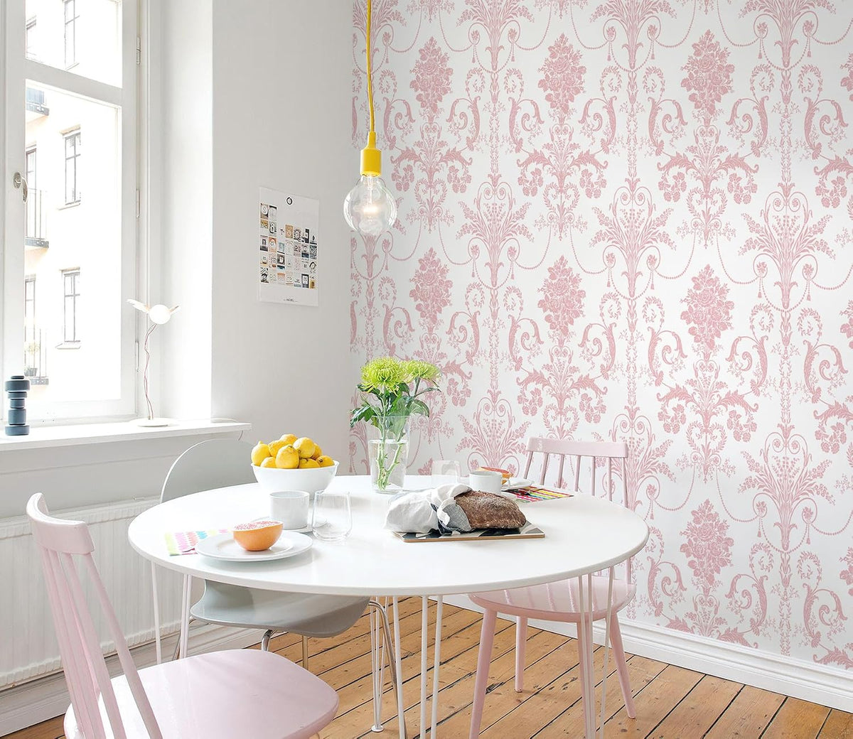 Damask Floral Peel and Stick Wallpaper Boho Pink and White Contact Paper