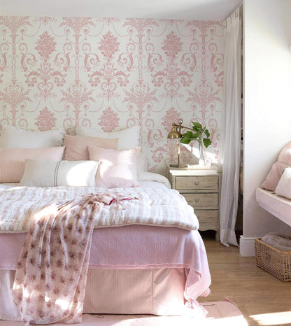 Damask Floral Peel and Stick Wallpaper Boho Pink and White Contact Paper