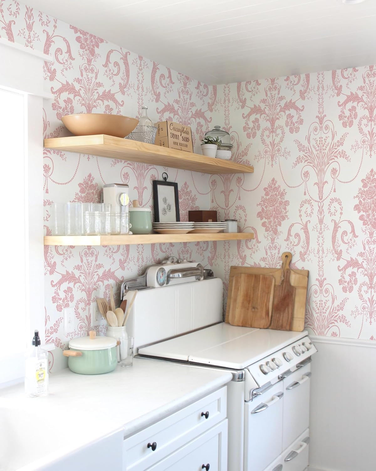 Damask Floral Peel and Stick Wallpaper Boho Pink and White Contact Paper