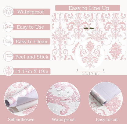 Damask Floral Peel and Stick Wallpaper Boho Pink and White Contact Paper