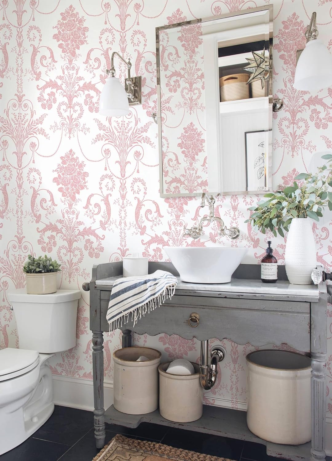 Damask Floral Peel and Stick Wallpaper Boho Pink and White Contact Paper