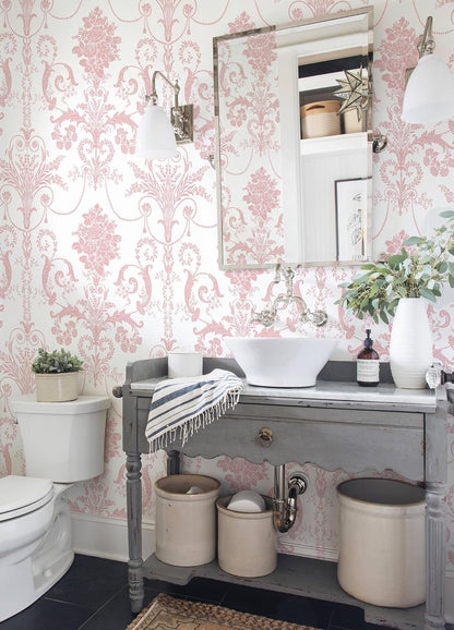 Damask Floral Peel and Stick Wallpaper Boho Pink and White Contact Paper