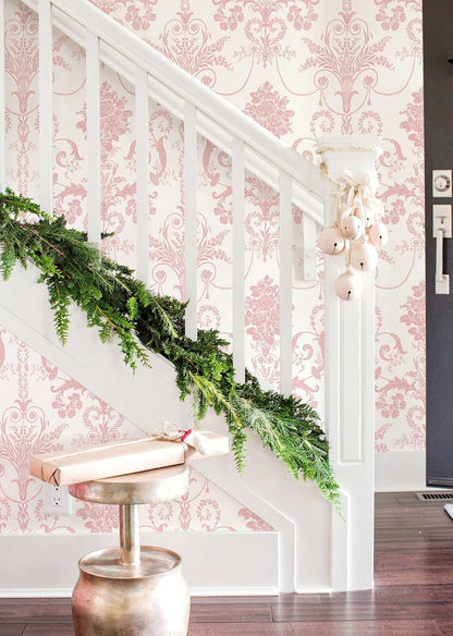 Damask Floral Peel and Stick Wallpaper Boho Pink and White Contact Paper