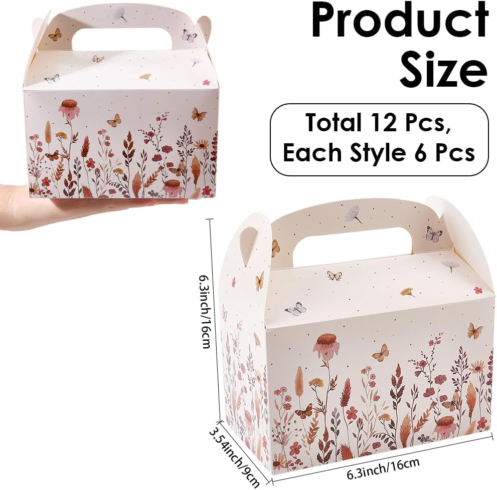 CRASPIRE 12Pcs 2 Styles Wildflower Paper Gift Boxes Flower Floral Party Favor Gable Boxes 6.3 x 6.3 x 3.7inch Candy Gift Wrapping with Handles for Tea Treat Bridal Wedding Family Dinner Birthday Party