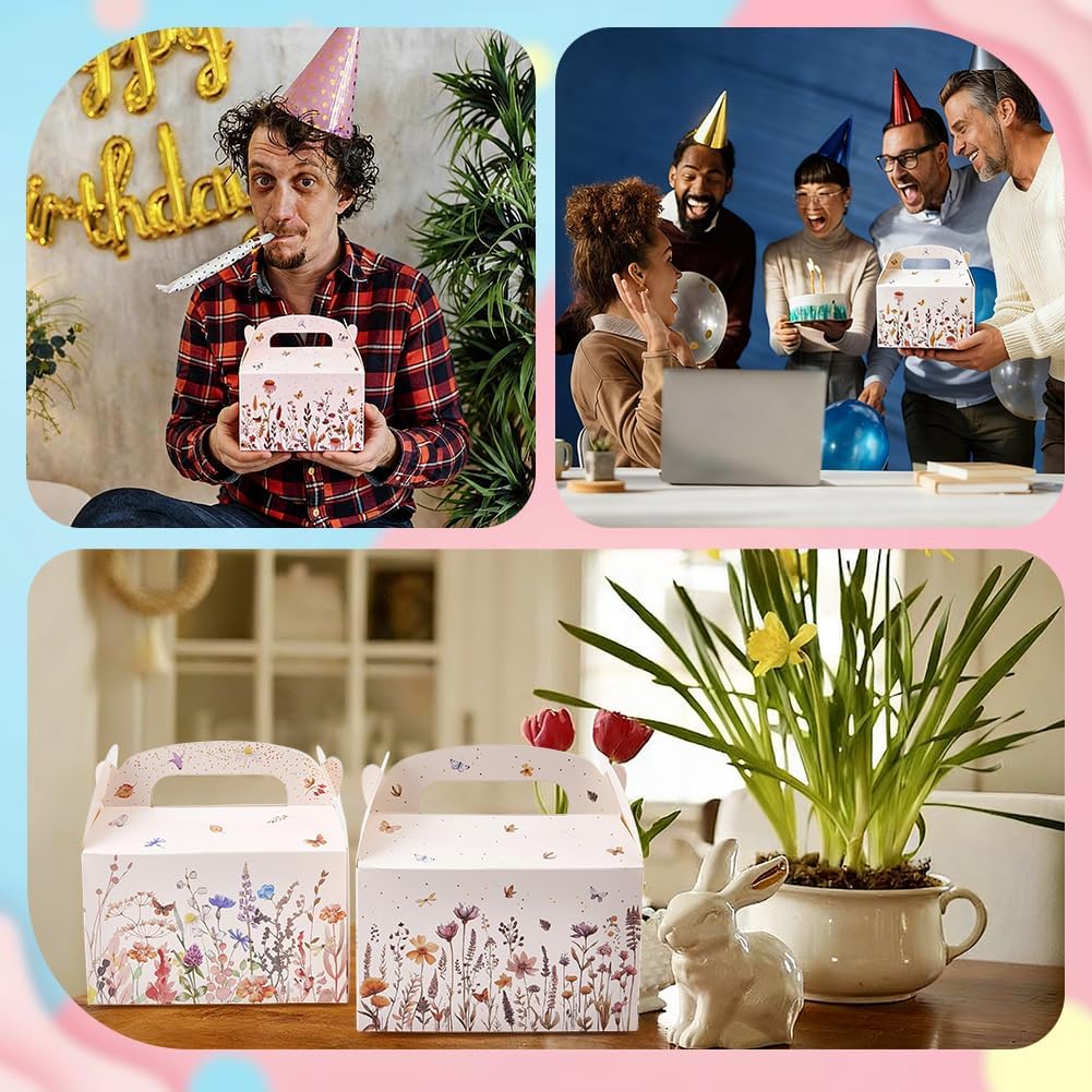 CRASPIRE 12Pcs 2 Styles Wildflower Paper Gift Boxes Flower Floral Party Favor Gable Boxes 6.3 x 6.3 x 3.7inch Candy Gift Wrapping with Handles for Tea Treat Bridal Wedding Family Dinner Birthday Party